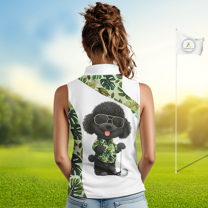 Funny Sleeveless Golf Polo Shirt Tropical Leaf Pattern Personalized Poodle Dog Golf Shirts