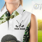 Funny Sleeveless Golf Polo Shirt Tropical Leaf Pattern Personalized Poodle Dog Golf Shirts