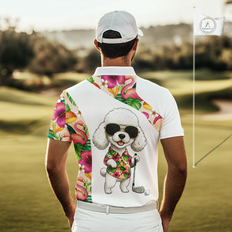 Funny Golf Polo Shirt Custom Tropical Flamingo Pink Pattern, White Poodle Golf Outfit