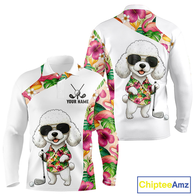 Funny Long Sleeve Golf Polo Shirt Custom Tropical Flamingo Pink Pattern, White Poodle Golf Outfit