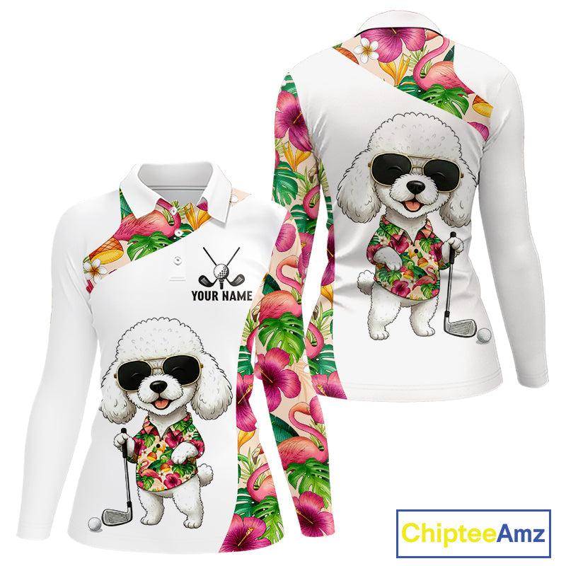 Funny Long Sleeve Golf Polo Shirt Custom Tropical Flamingo Pattern, White Poodle Golf Outfit