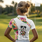 Funny Golf Polo Shirt Custom Tropical Flamingo Pink Pattern, White Poodle Golf Outfit