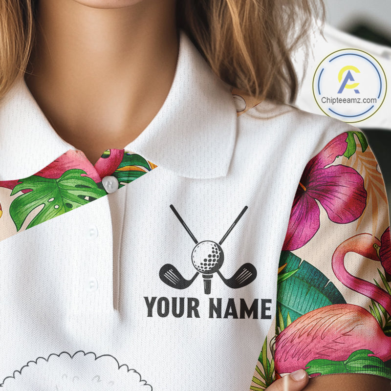 Funny Golf Polo Shirt Custom Tropical Flamingo Pink Pattern, White Poodle Golf Outfit