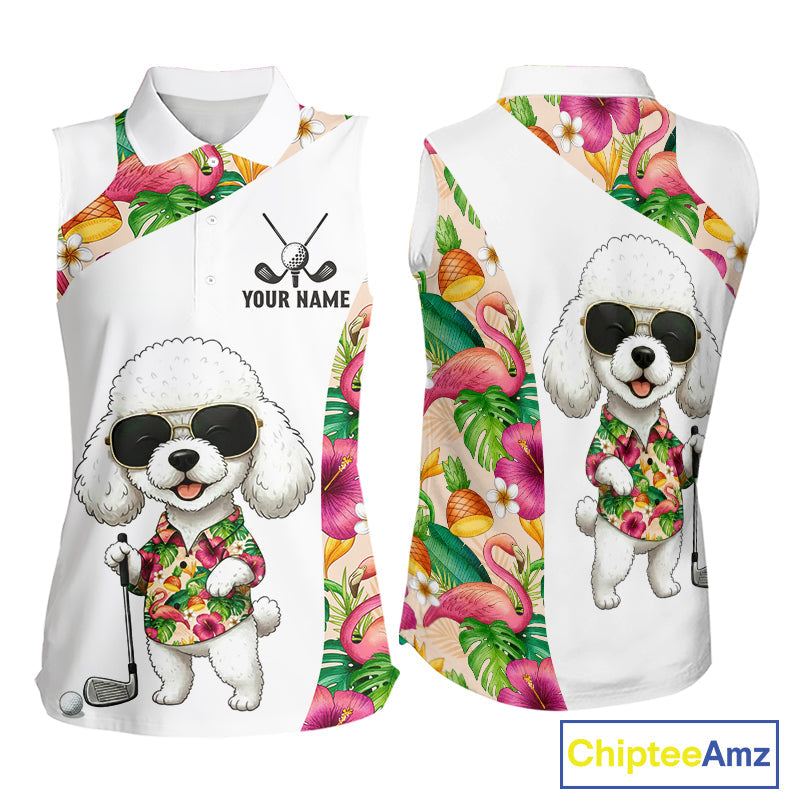 Funny Sleeveless Golf Polo Shirt Custom Tropical Flamingo Pattern, White Poodle Golf Outfit