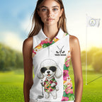 Funny Sleeveless Golf Polo Shirt Custom Tropical Flamingo Pattern, White Poodle Golf Outfit