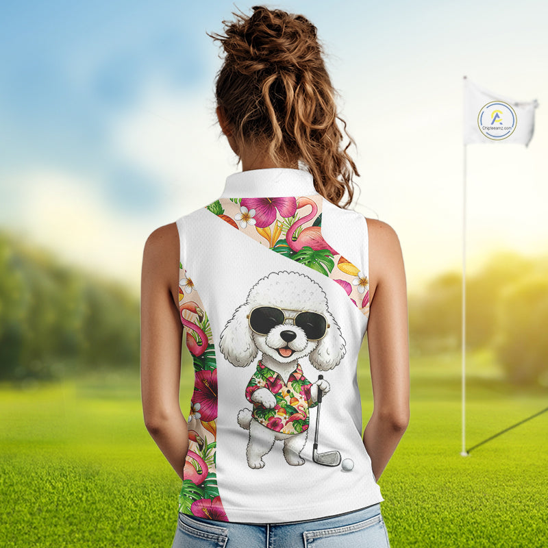 Funny Sleeveless Golf Polo Shirt Custom Tropical Flamingo Pattern, White Poodle Golf Outfit