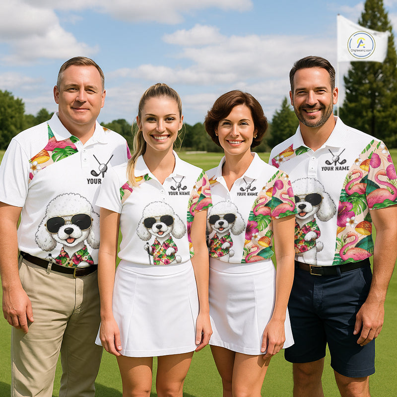 Funny Golf Polo Shirt Custom Tropical Flamingo Pink Pattern, White Poodle Golf Outfit