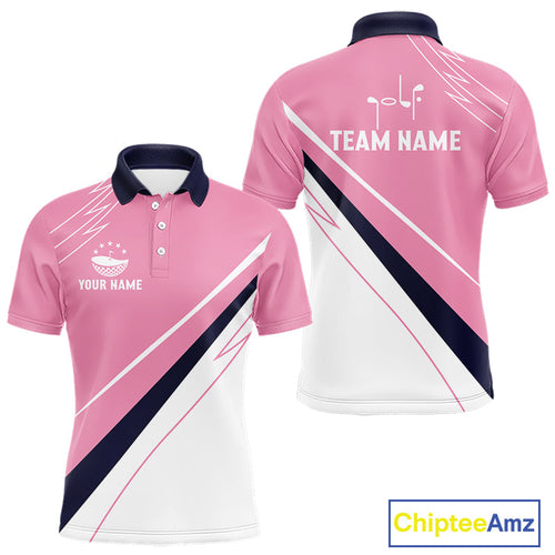Golf Polo Shirt Custom Blue And Pink Golf Shirt, White Team Golf Shirts Personalized