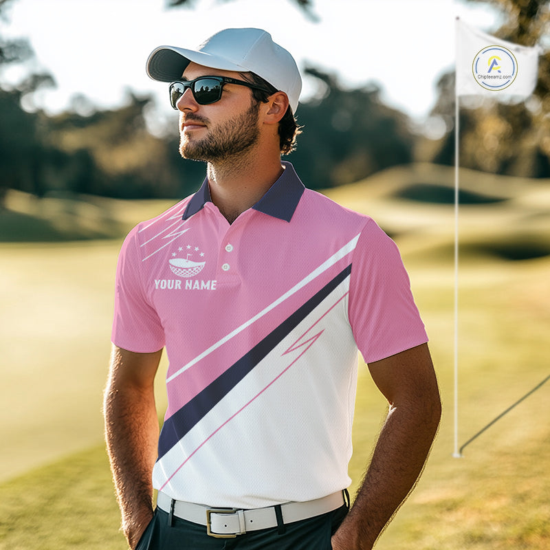 Golf Polo Shirt Custom Blue And Pink Golf Shirt, White Team Golf Shirts Personalized