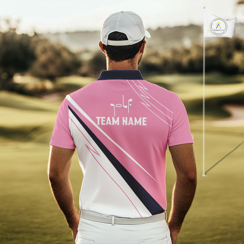 Golf Polo Shirt Custom Blue And Pink Golf Shirt, White Team Golf Shirts Personalized