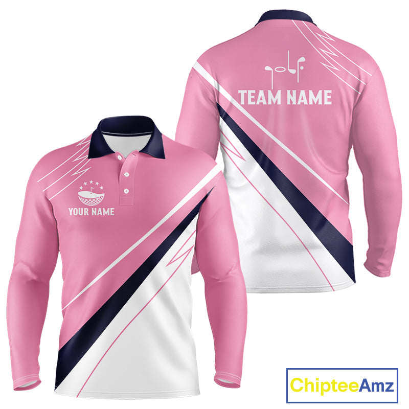 Long Sleeve Golf Polo Shirt Custom Blue And Pink Golf Shirt Personalized White Team Golf Shirts