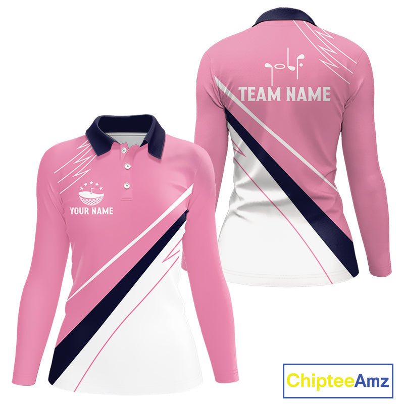Long Sleeve Golf Shirts Custom Blue And Pink Golf Shirt Personalized White Team Golf Shirts