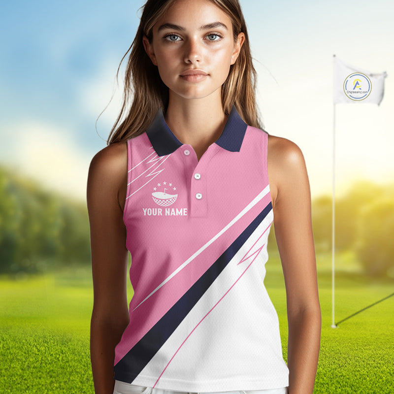 Sleeveless Golf Polo Shirt Custom Blue And Pink Golf Shirt Personalized White Team Golf Shirts