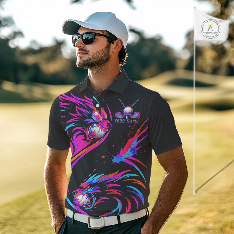 Wolf Golf Polo Shirt Custom Neon Purple Pattern Team Golf Tops, Black Golf Outfit