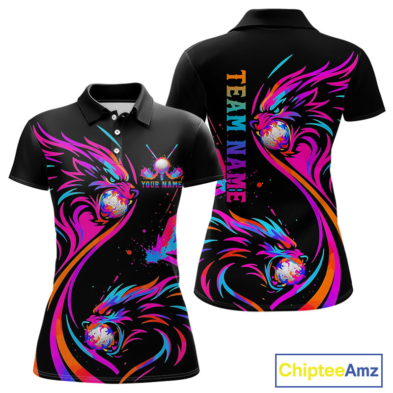 Wolf Golf Polo Shirt Custom Neon Purple Pattern Team Golf Tops, Black Golf Outfit