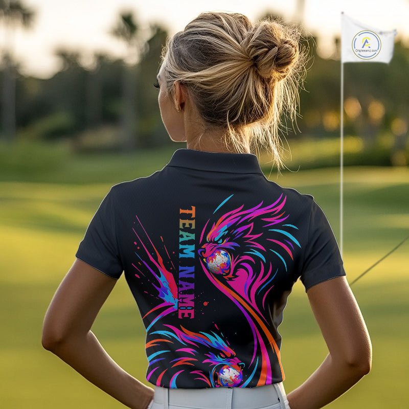 Wolf Golf Polo Shirt Custom Neon Purple Pattern Team Golf Tops, Black Golf Outfit