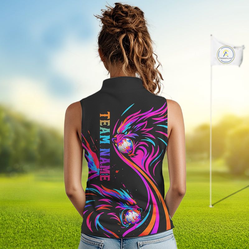 Wolf Sleeveless Golf Polo Shirt Custom Neon Purple Pattern Team Golf Tops, Black Golf Outfit
