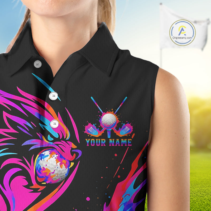 Wolf Sleeveless Golf Polo Shirt Custom Neon Purple Pattern Team Golf Tops, Black Golf Outfit