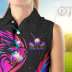 Wolf Sleeveless Golf Polo Shirt Custom Neon Purple Pattern Team Golf Tops, Black Golf Outfit