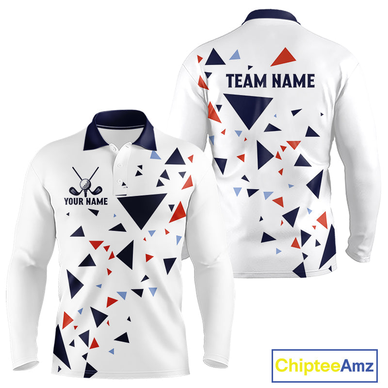 Long Sleeve Golf Polo Shirt Custom Orange And Blue Triangle Pattern Team Golf Tops, White Golf Attire