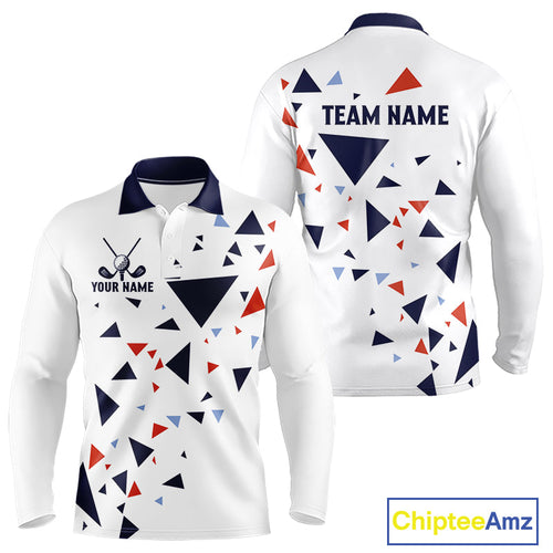 Long Sleeve Golf Polo Shirt Custom Orange And Blue Triangle Pattern Team Golf Tops, White Golf Attire