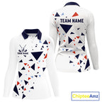 Long Sleeve Golf Polo Shirt Custom Orange & Blue Triangle Pattern Team Golf Tops, White Golf Attire