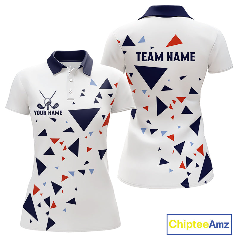 Golf Polo Shirt Custom Orange And Blue Triangle Pattern Team Golf Tops, White Golf Attire