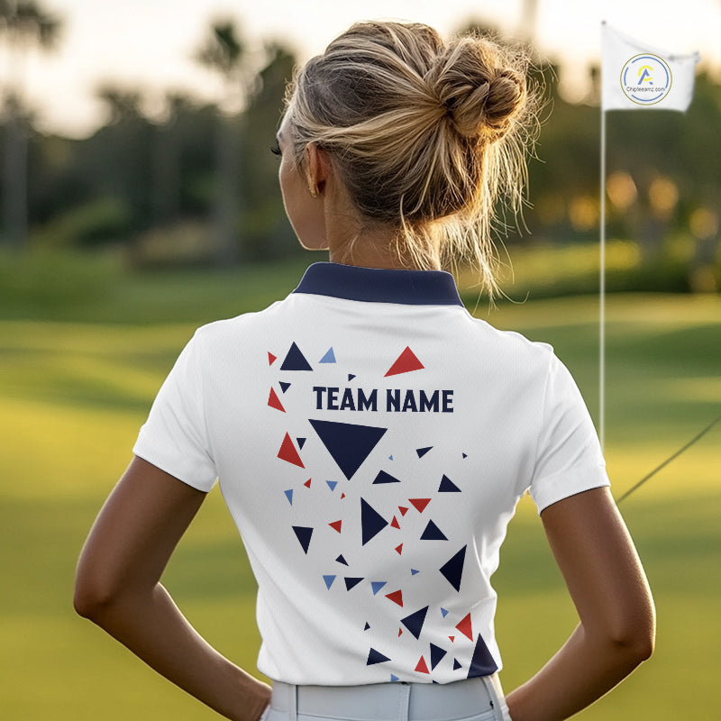Golf Polo Shirt Custom Orange And Blue Triangle Pattern Team Golf Tops, White Golf Attire