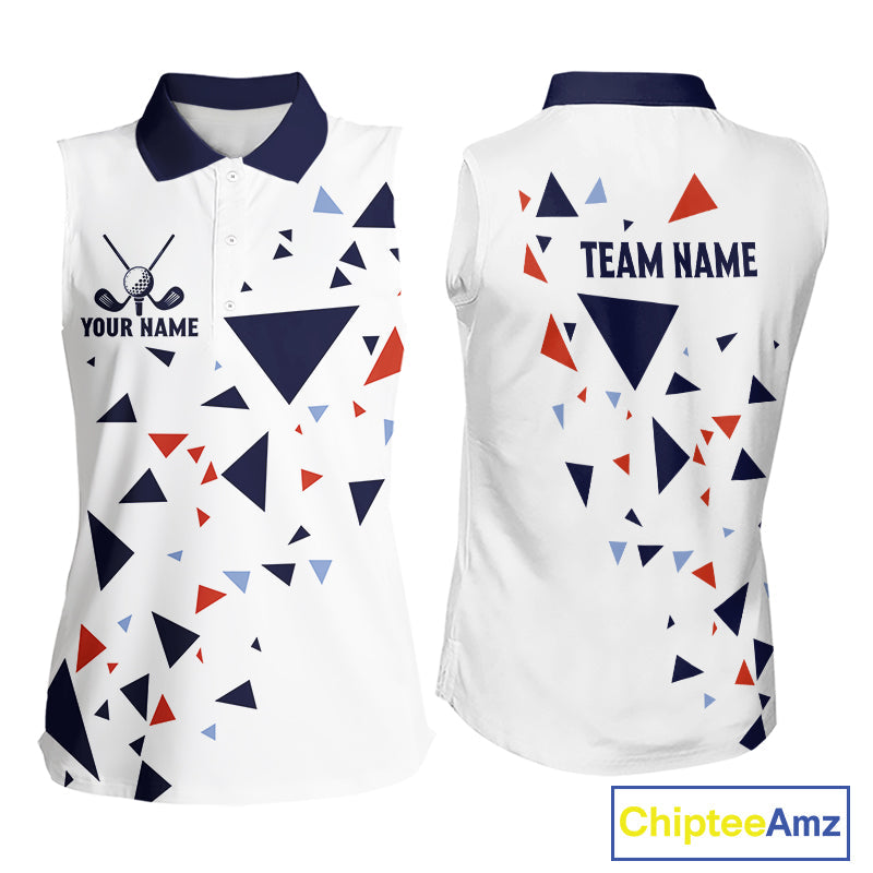 Sleeveless Golf Polo Shirt Custom Orange & Blue Triangle Pattern Team Golf Tops, White Golf Attire