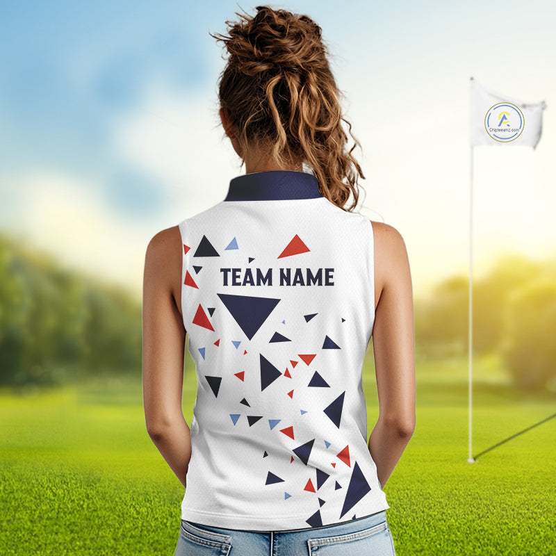 Sleeveless Golf Polo Shirt Custom Orange & Blue Triangle Pattern Team Golf Tops, White Golf Attire