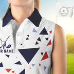 Sleeveless Golf Polo Shirt Custom Orange & Blue Triangle Pattern Team Golf Tops, White Golf Attire