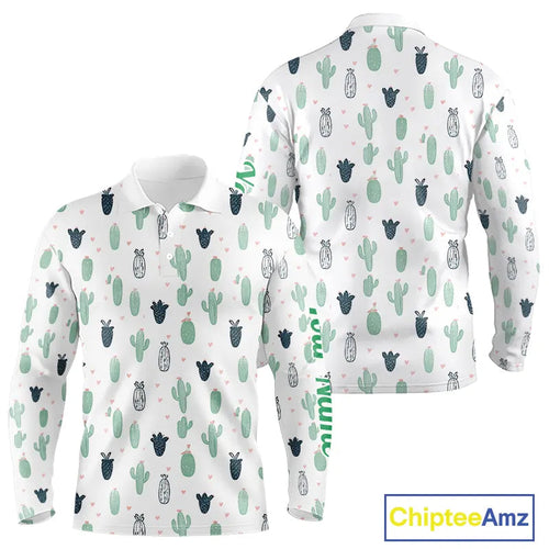 Funny Cactus Flower Pattern Long Sleeve Golf Polo Shirt Custom, Cactus Golf Shirt Personalized