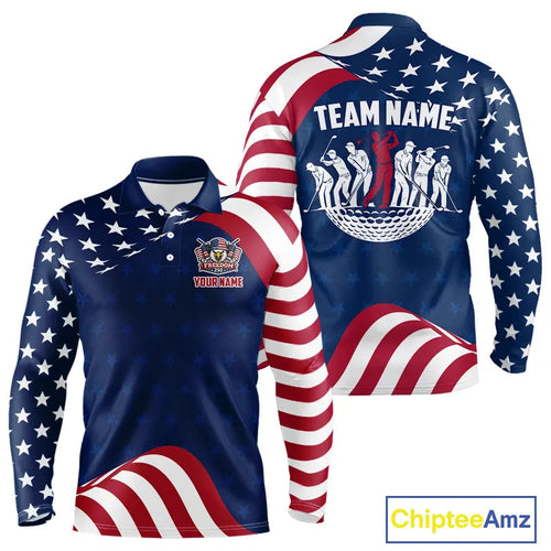 Funny Long Sleeve Golf Polo Shirt Custom Name American Flag Golf Shirt, Patriotic Gift
