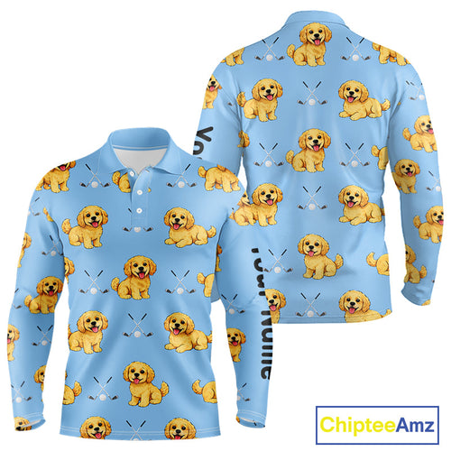 Long Sleeve Golf Polo Shirt Custom Funny Cockapoo Blue Pattern Team Golf Tops, Dog Lover Gift