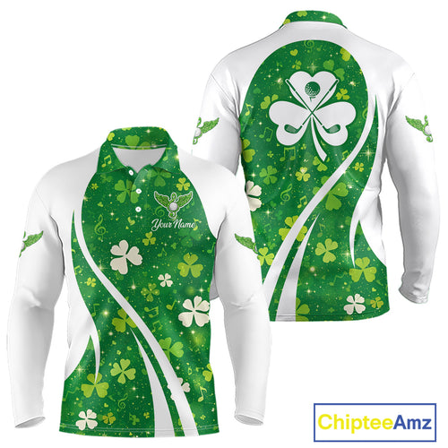Long Sleeve Golf Polo Shirt Custom Name Green Music Angel Wing Golf Ball St Patrick’S Day Shirt
