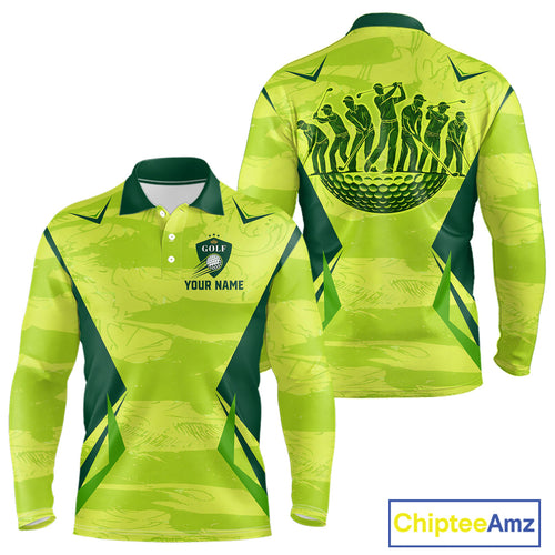 Green Camo Long Sleeve Golf Polo Shirt Custom Camouflage Golf Ball Golf Top For Team, Golfer Gift