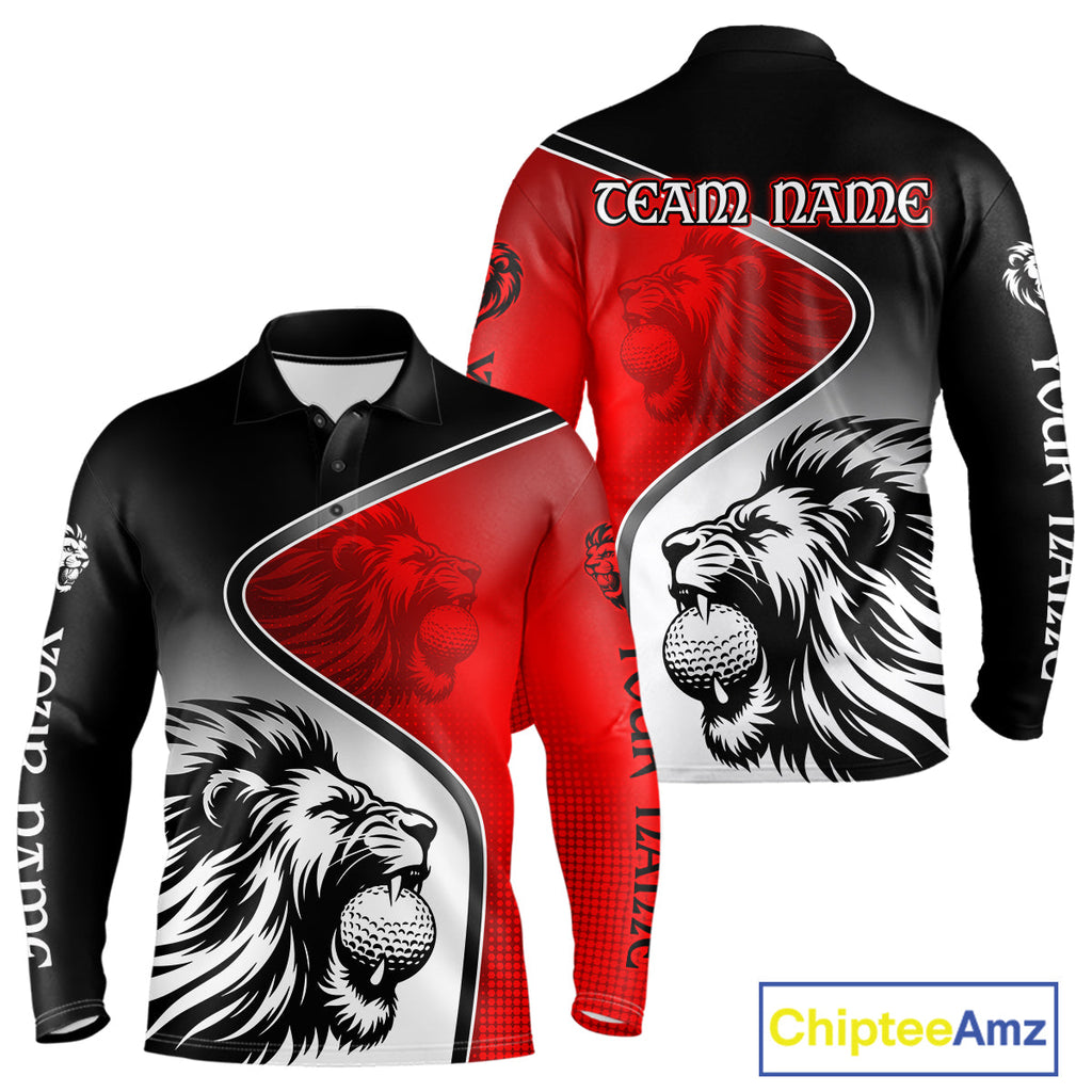 Lion Golf Polo Shirt Long Sleeve Custom Red & Black Pattern Lion Golf Ball Best Golf Shirt