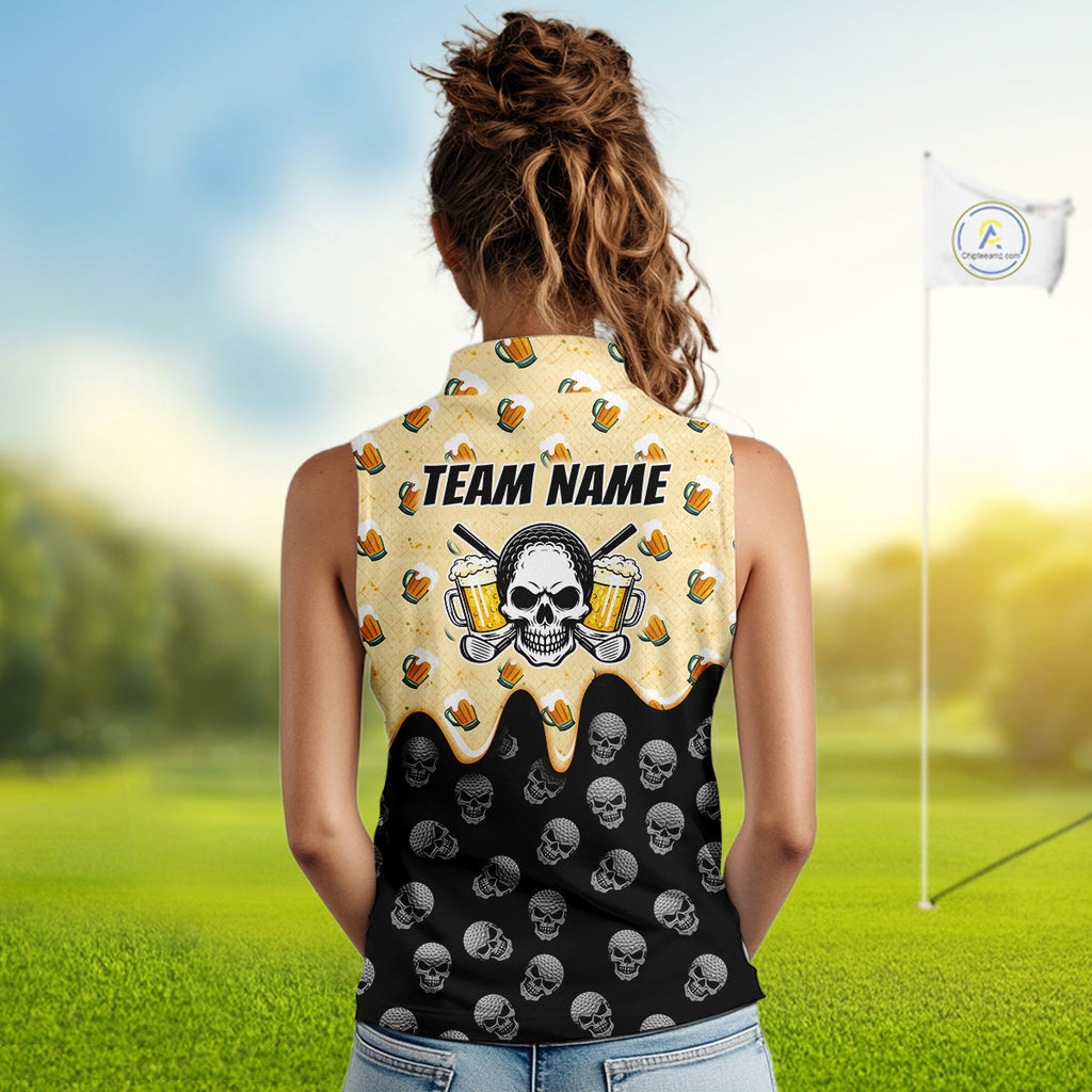 Sleeveless Golf Polo Shirt Beer Skull Golf Pattern Custom Team Golf Tops, Funny Golf Gifts