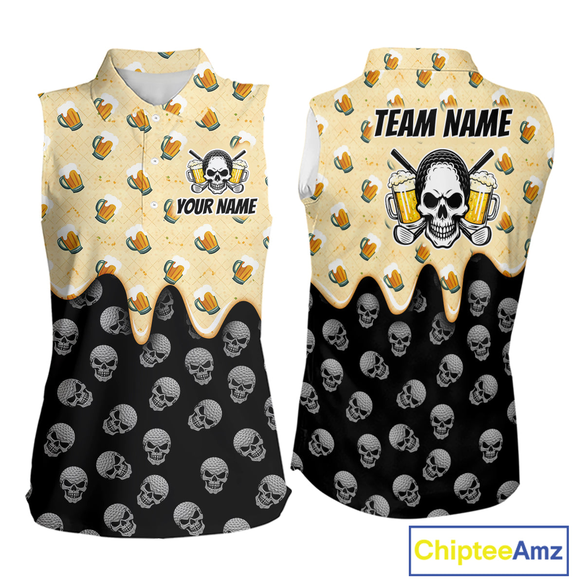 Sleeveless Golf Polo Shirt Beer Skull Golf Pattern Custom Team Golf Tops, Funny Golf Gifts