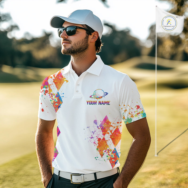 Golf Polo Shirt Argyle Pattern Golf Shirts Funny Astronaut Watercolor Golf Gifts
