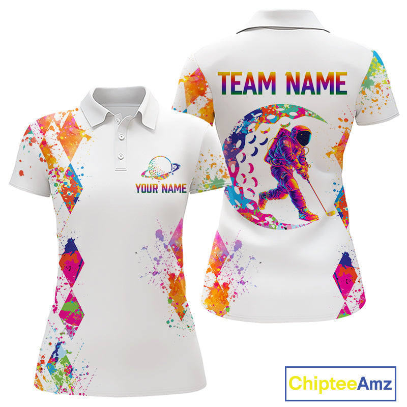Golf Polo Shirt Argyle Pattern Golf Shirts Funny Astronaut Watercolor Golf Gifts