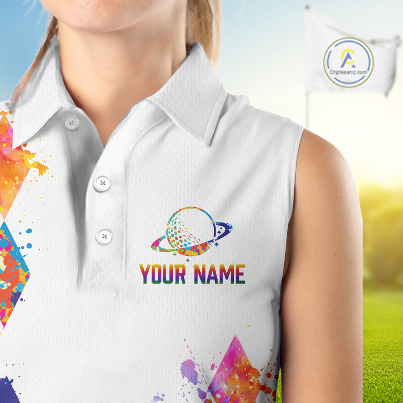Funny Astronaut Sleeveless Golf Polo Shirt Argyle Pattern Watercolor Golf Gifts