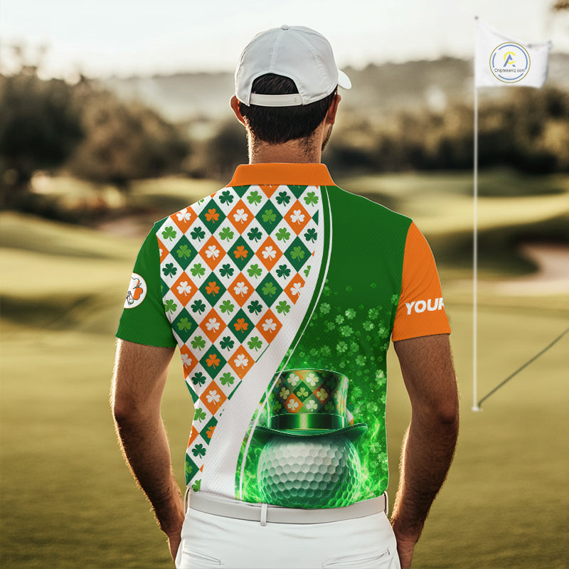 Golf Polo Shirts Custom Green Clover St Patricks Day Plaid Pattern Ireland Flag Flame Golf Ball