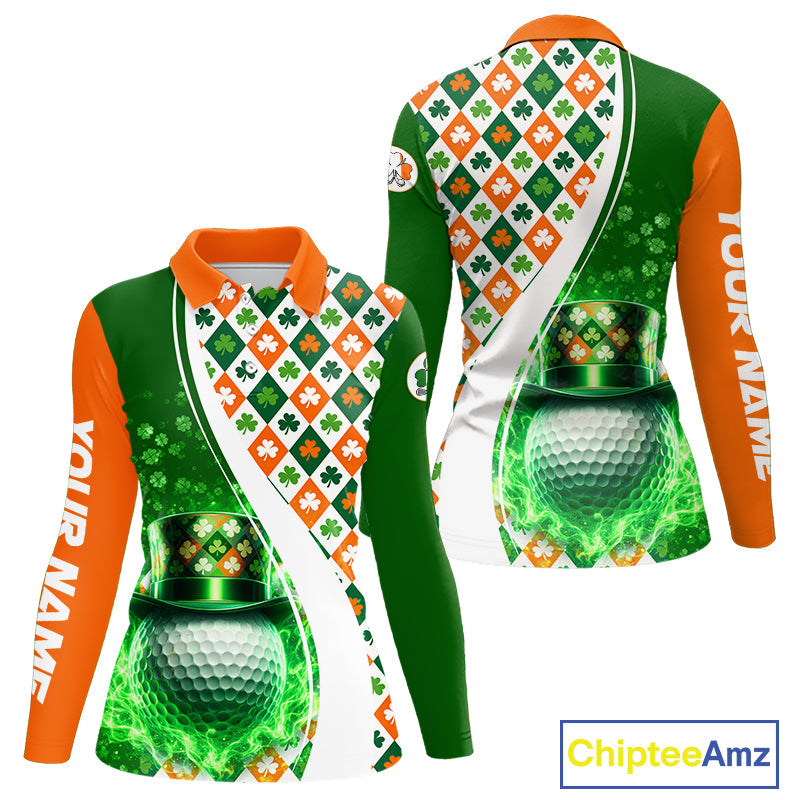Long Sleeve Golf Polo Shirt Custom Green Clover St Patricks Day Plaid Pattern Ireland Flag