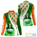 Long Sleeve Golf Polo Shirt Custom Green Clover St Patricks Day Plaid Pattern Ireland Flag