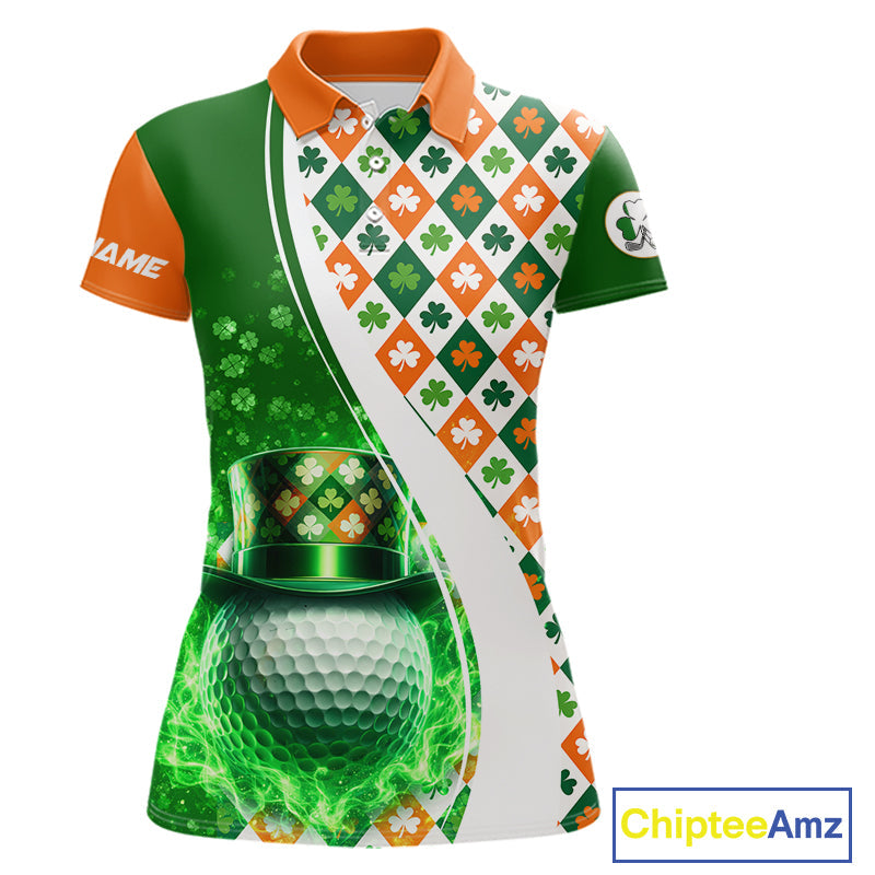 Golf Polos Shirt Custom Green Clover St Patricks Day Plaid Pattern Ireland Flag Flame Golf Ball