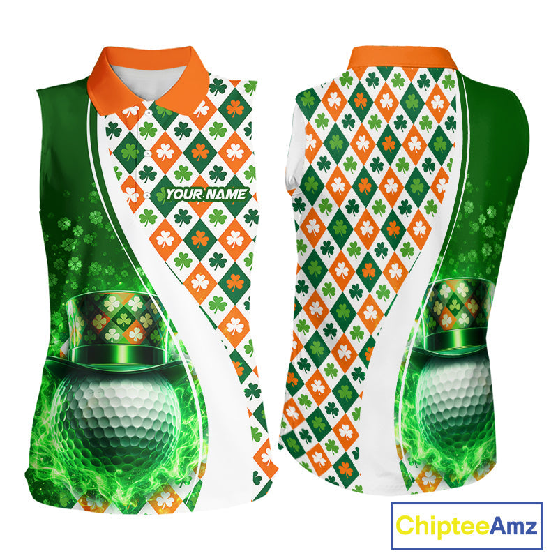 Sleeveless Golf Polo Shirt Custom Green Clover St Patricks Day Plaid Pattern Ireland Flag