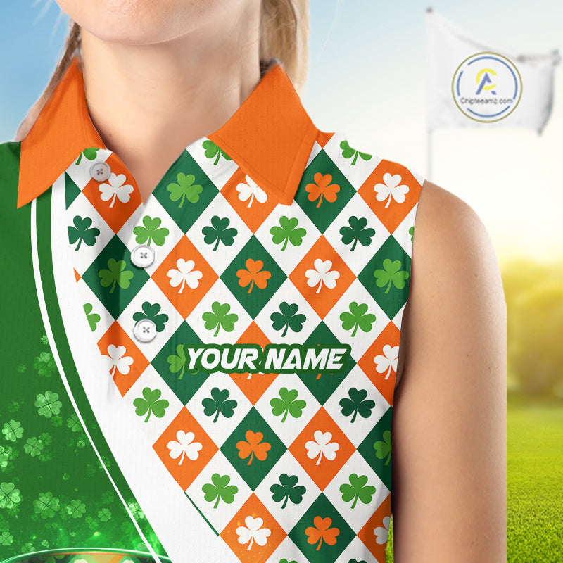 Sleeveless Golf Polo Shirt Custom Green Clover St Patricks Day Plaid Pattern Ireland Flag