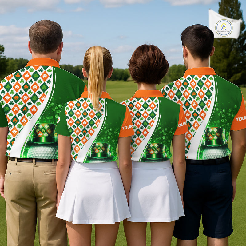 Golf Polo Shirts Custom Green Clover St Patricks Day Plaid Pattern Ireland Flag Flame Golf Ball