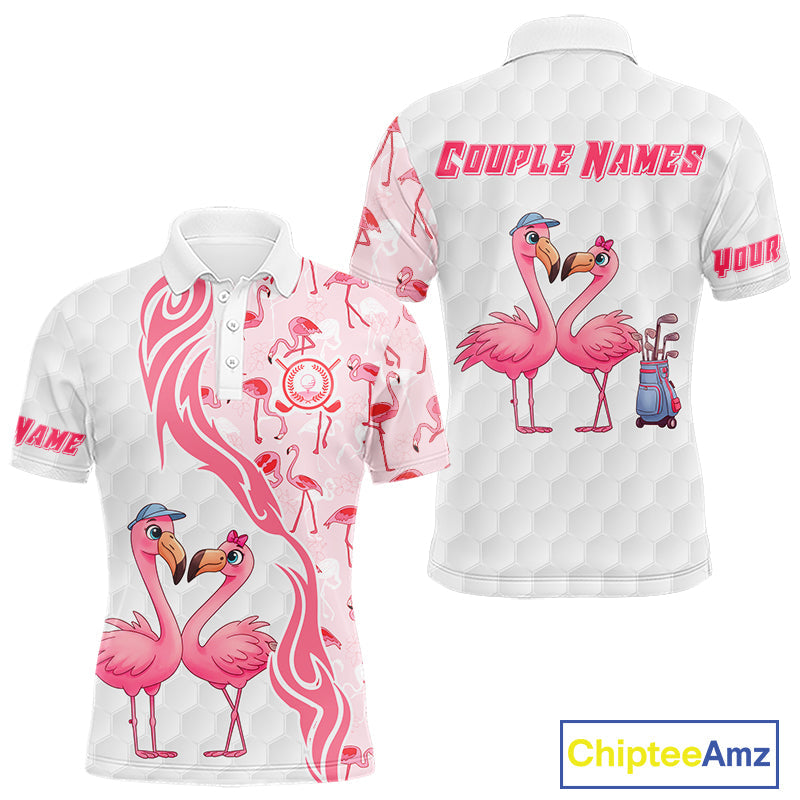 Matching Golf Polo Shirts For Couples, Custom Pink & White Glitter Flamingo Valentine Golf Outfits